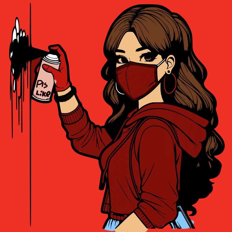 realistic girl with mask spray painting a wall