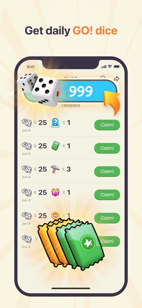 Mobile app screen showing a list of daily rewards including free dice for Monopoly GO with claim buttons.