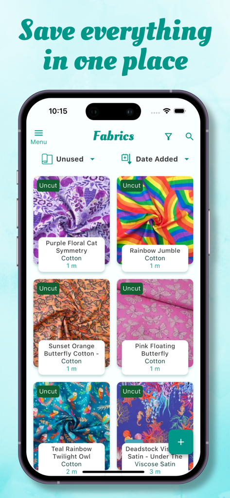 Stash Hub - Stash Hub app displaying a digital inventory of sewing fabrics with colorful swatches and details