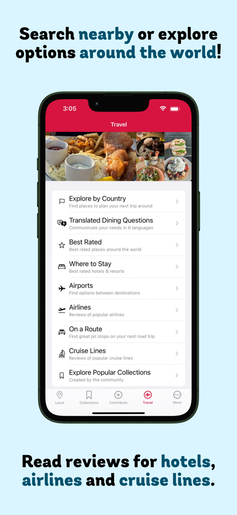 Find Me Gluten Free - Find Me Gluten Free App Reisebildschirm mit Optionen zur Suche nach sicheren Restaurants, Hotels und Fluggesellschaften weltweit.