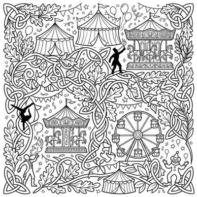 Experience the enchanting blend of nature's beauty and the thrill of the fair with this unique coloring template. Intricate Celtic leaf knots frame a lively carnival scene, inviting you to add vibrant hues to every detail.