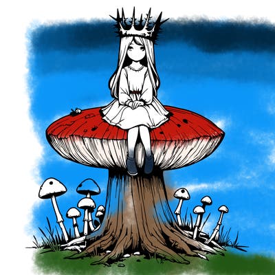 realistic girl sitting on a huge tree stump size toadstool with thorn crown