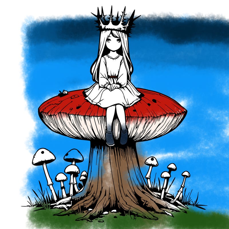 realistic girl sitting on a huge tree stump size toadstool with thorn crown