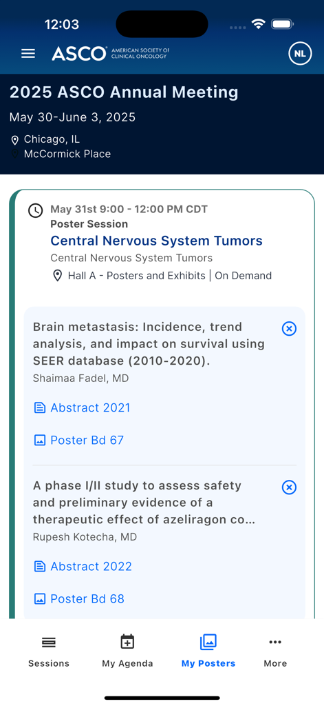ASCO Meetings - ASCO Meetings app interface displaying poster session details and clinical research abstracts