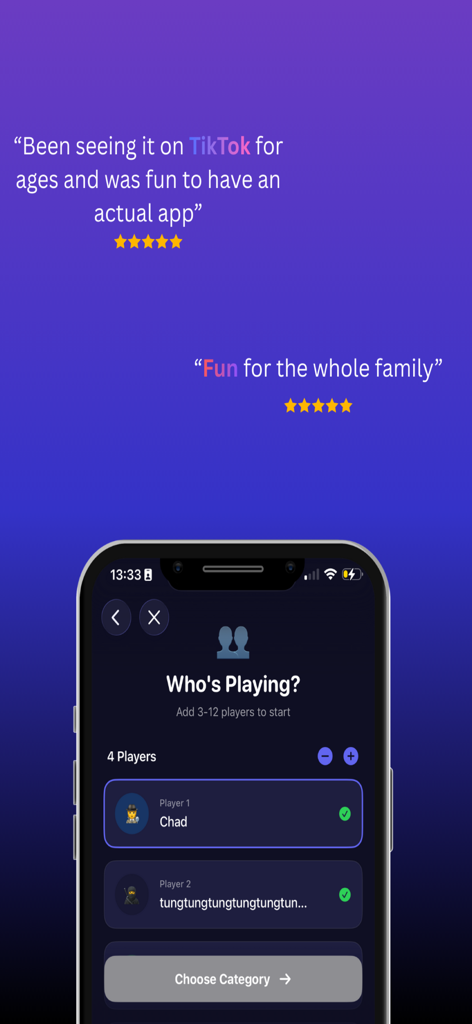 User reviews and player selection screen for the Imposter party word game app.