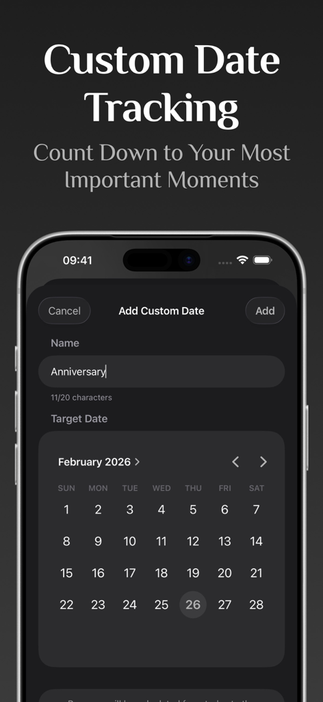 OnlyWidget: Minimalist Widget - Interfaz de seguimiento de fechas personalizadas para configurar una cuenta regresiva de aniversario en OnlyWidget