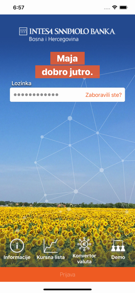 Login screen of the m-Intesa mobile banking app featuring a password field and a scenic sunflower background