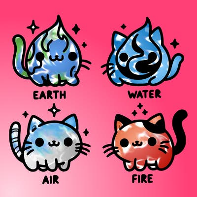 4 cats that represent the different elements, earth, water, air, and fire