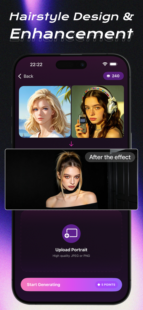 Une capture d'écran de l'interface de l'application MagsMake AI montrant la conception et l'amélioration de la coiffure avec des aperçus d'essais de cheveux virtuels