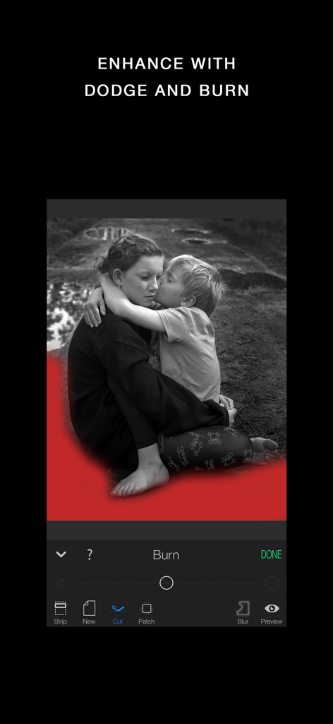 Interface of the Darkr app showing a black and white photo being edited with the burn tool and a red mask overlay.