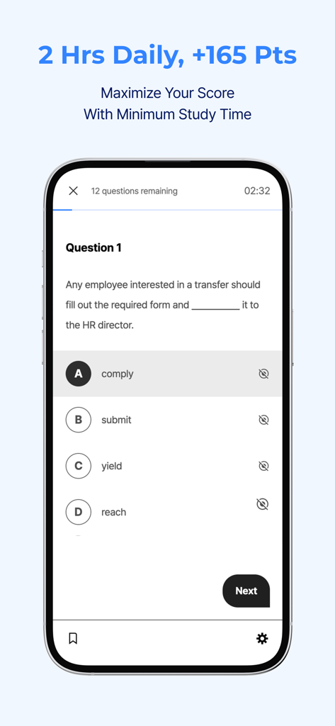 Santa - AI TOEIC - Interface do aplicativo Santa IA TOEIC mostrando uma questão prática de múltipla escolha para aprendizado de inglês