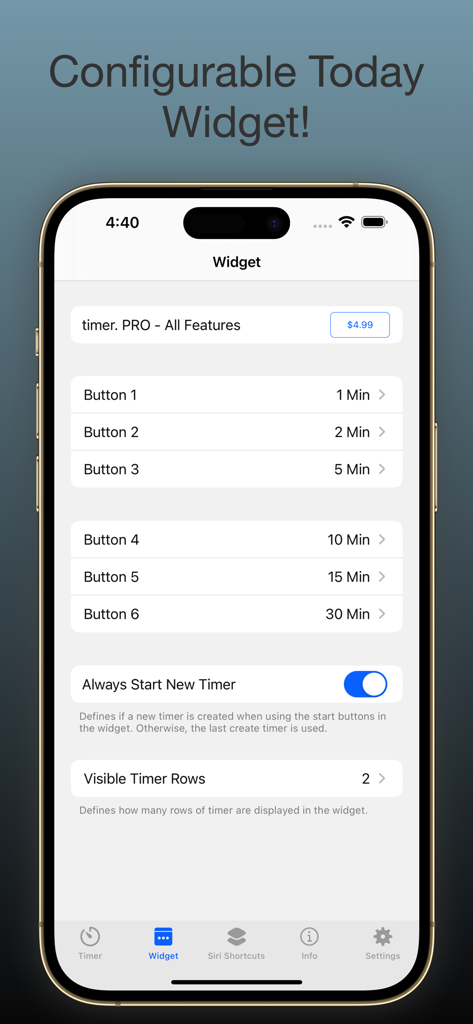 timer. - Multi Countdown Timer - Screenshot of the widget settings screen in the multi countdown timer app showing custom time buttons and configuration options