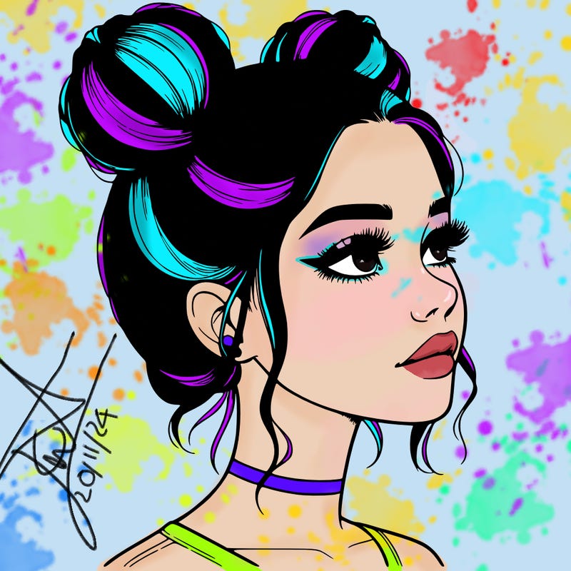 realistic girl with buns on the top of her head