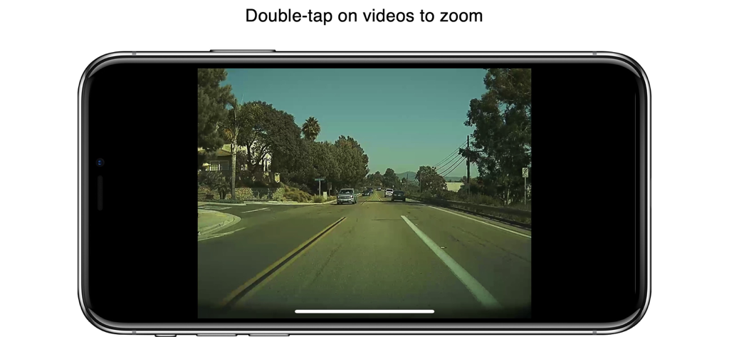 Tela de smartphone exibindo filmagens do dashcam Tesla com funcionalidade de zoom
