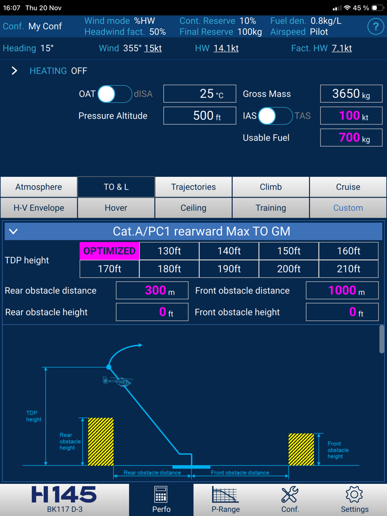 Airbus H145 helicopter takeoff performance calculation screen showing obstacle clearance and flight parameters
