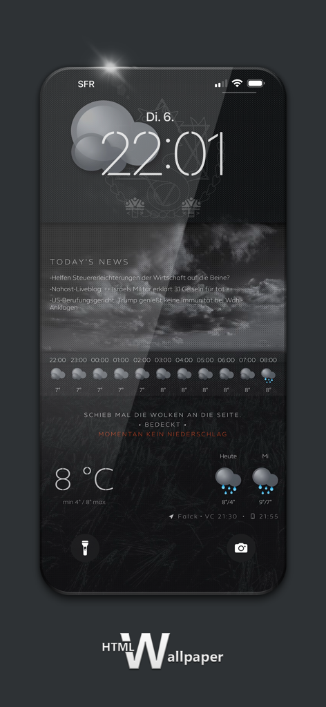 デジタル時計と天気ダッシュボードを備えたカスタムHTML壁紙のiPhoneロック画面。