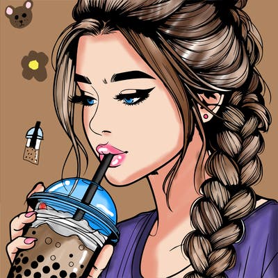 realistic girl drinking boba tea with braided hair