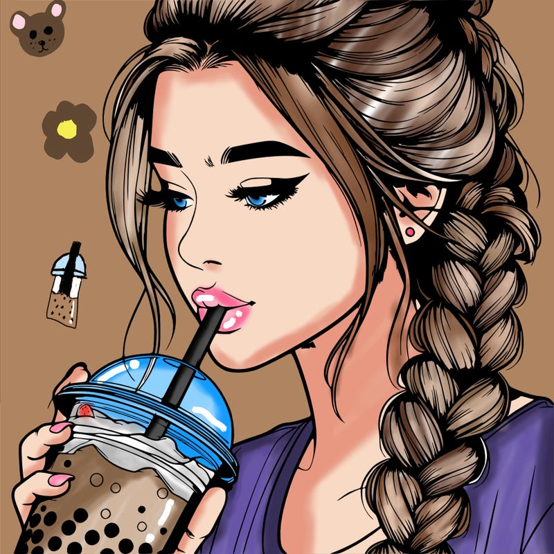 realistic girl drinking boba tea with braided hair