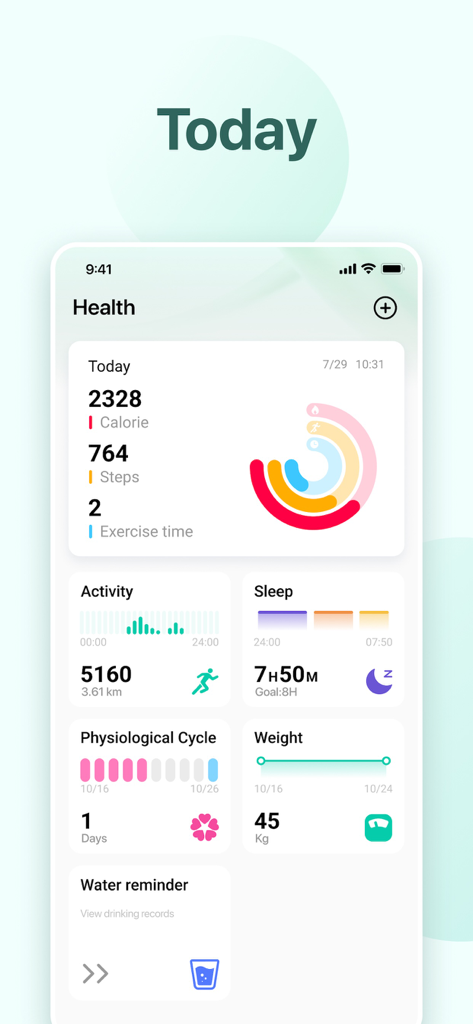 Pantalla de la aplicación Hi-Fit que muestra métricas de salud diarias, incluyendo pasos, calorías, gráficos de actividad y datos de sueño.