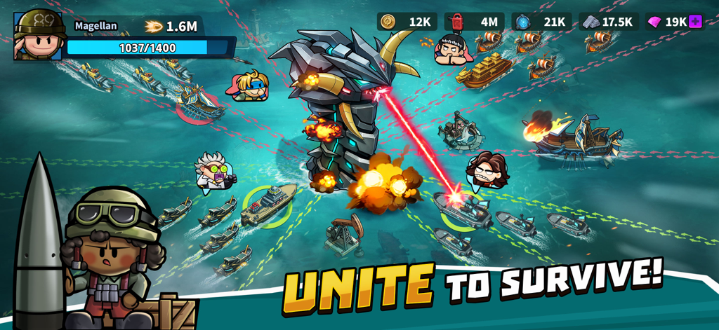 High Seas Hero - Naval fleet attacking a giant mechanical sea monster in High Seas Hero