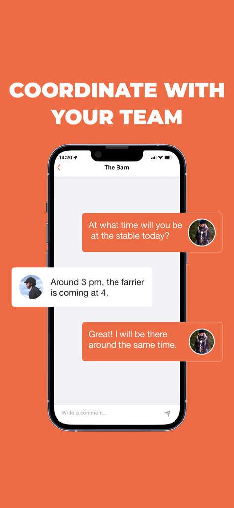 Equilab: Horse Riding Tracker - Equilab app screenshot showing the team chat feature used for coordinating horse riding and stable activities