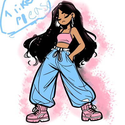 girl in baggy pants crop top and long hair