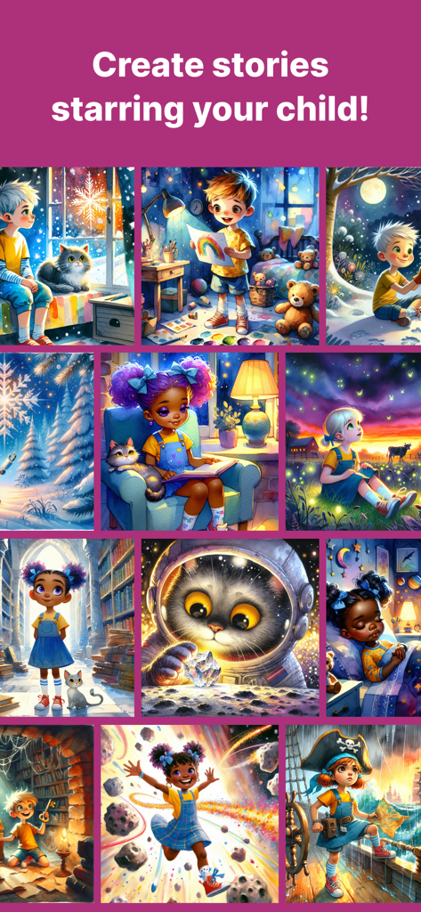 Magic Bookshelf: AI Stories - A grid of colorful AI-generated illustrations featuring diverse children as the main characters in personalized stories