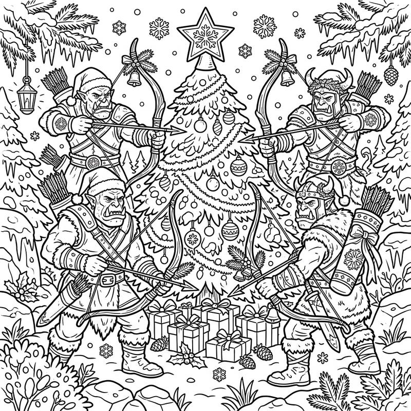 Prepare for a unique holiday adventure with our Orc Archers Christmas coloring page! These festive warriors are ready to celebrate, adding a thrilling fantasy twist to your seasonal coloring fun.