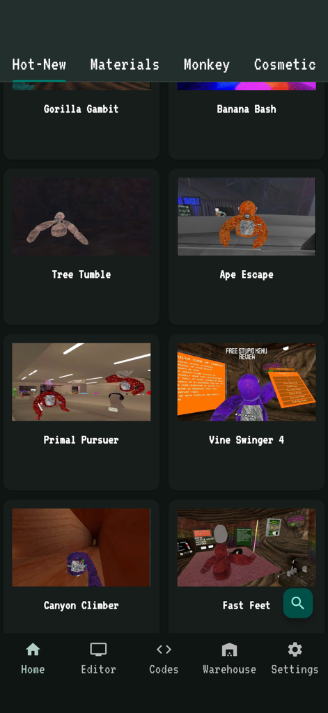 Ein Katalog von Gorilla Tag Mods mit Charakter-Skins und benutzerdefinierten Spielmodi in einer mobilen App.
