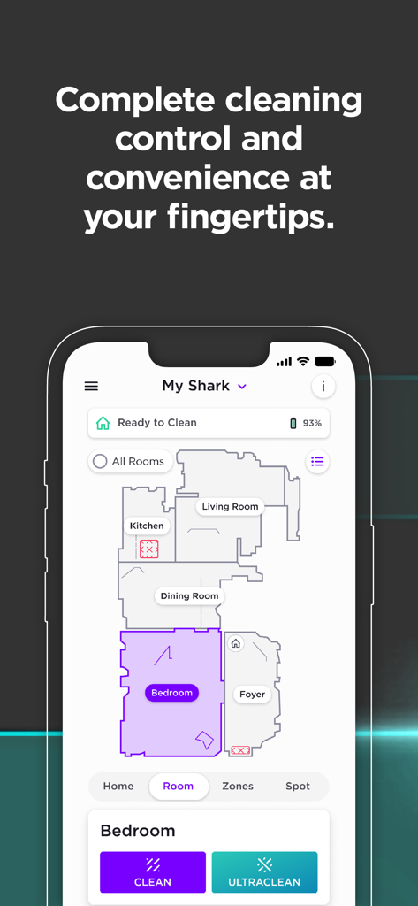 Interfaccia dell'app SharkClean che mostra una mappa dettagliata della casa e i controlli di pulizia