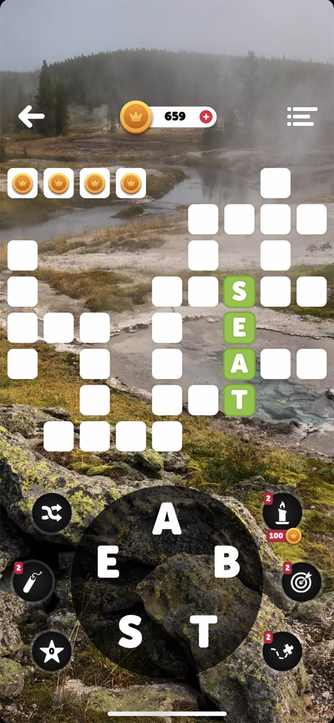 Gameplay von Words of the World, das ein Kreuzworträtsel und ein Buchstabenrad über einem malerischen Naturhintergrund zeigt