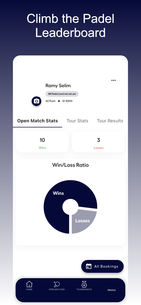 Écran du profil du joueur de Padel montrant les statistiques de victoires et de défaites avec un graphique circulaire des performances