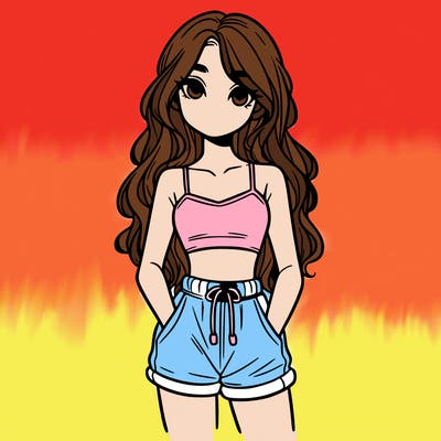 1 girl in a crop top baggy shorts and long hair