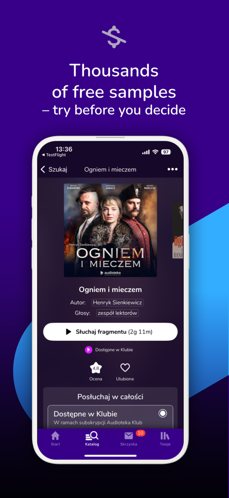 Audioteka app screenshot highlighting thousands of free audiobook samples and a listen to fragment button.