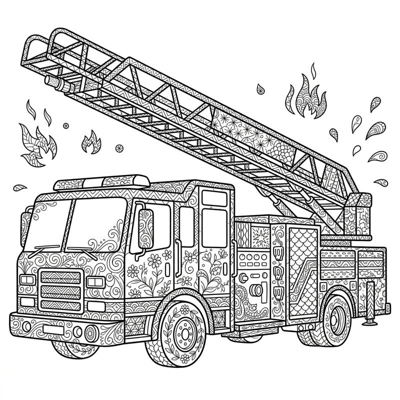 Ignite your creativity with this stunning Zentangle Ladder Truck coloring page. This intricate fire engine, adorned with captivating patterns, offers a uniquely calming and detailed coloring experience.