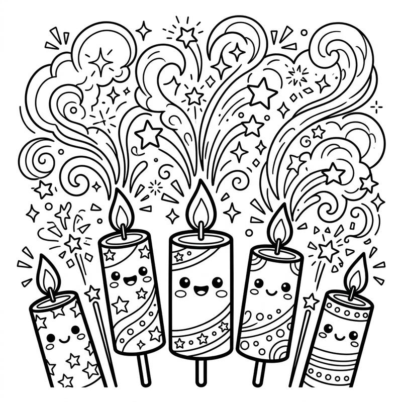 Get ready for an explosion of cuteness with this Kawaii Roman Candles coloring page! These friendly fireworks are bursting with stars and joy, waiting for your vibrant colors.