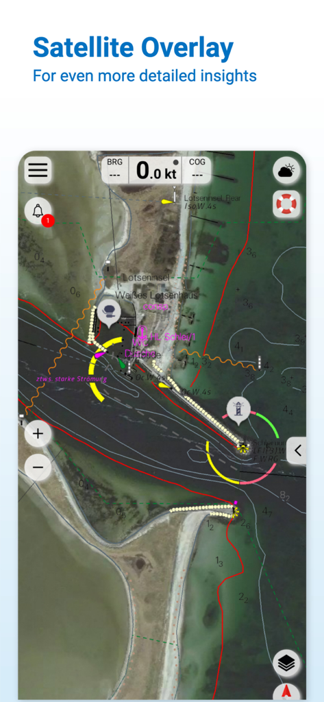 Función de superposición de satélite en la aplicación NV Charts mostrando marcadores de navegación náutica sobre imágenes de satélite