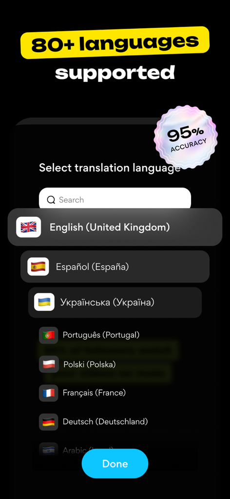 LiroアプリのAI動画キャプション用言語選択画面。80以上のサポート言語と95％の精度が表示されている。