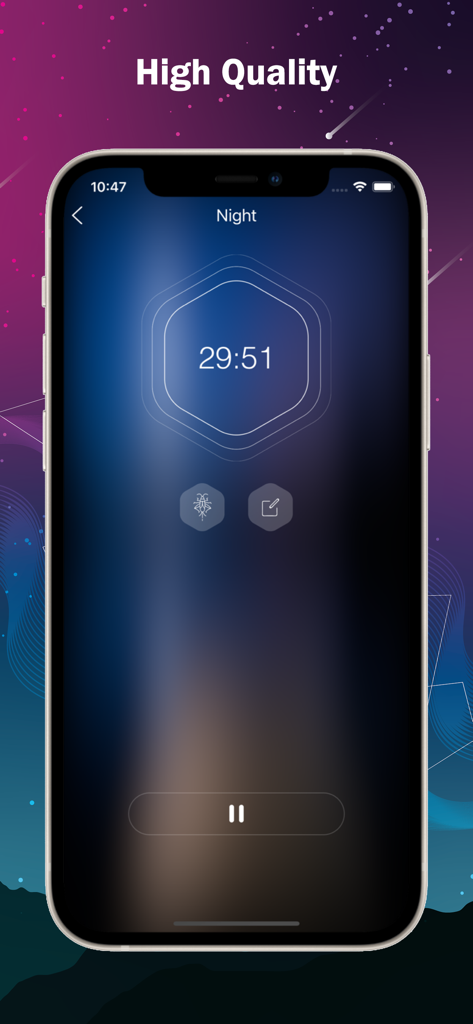 A smartphone screen displaying a countdown timer and pause button on a dark nighttime background for a sleep sounds app