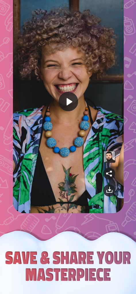 Celeb Pranks: AI Voice Changer - A laughing woman creating a viral video with the Celeb Pranks AI voice changer app showing options to save and share.