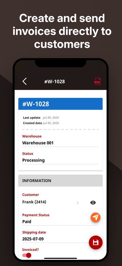 Eine Smartphone-Oberfläche, die Rechnungsdetails und Kundeninformationen in der Telesto-App anzeigt.