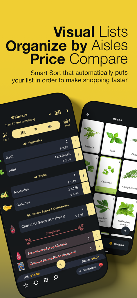 Grocery AI - Grocery AI app interface showing visual shopping lists organized by store aisles with price comparison and a photo-based herb catalog