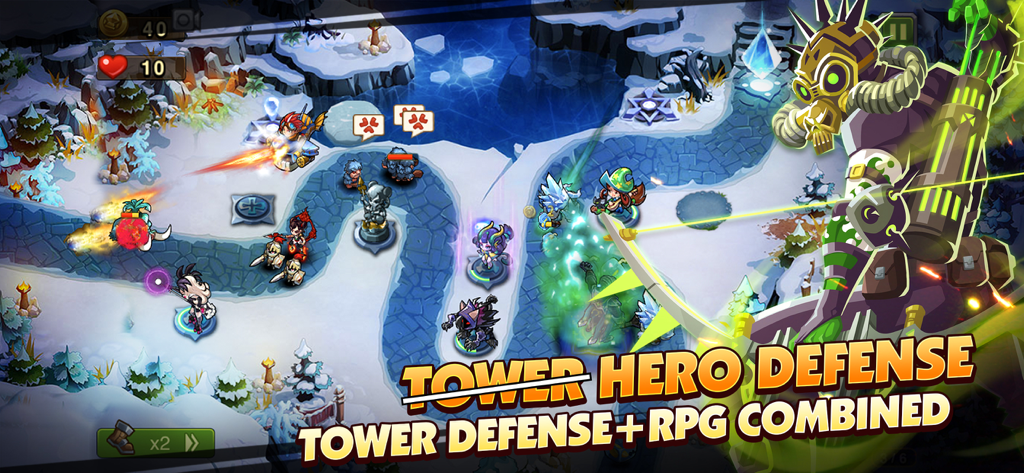 Jogabilidade do Magic Rush Heroes mostrando uma combinação de mecânicas de tower defense e RPG em um mapa de inverno nevado