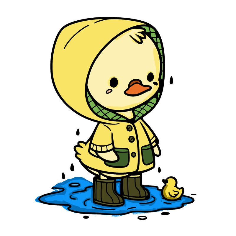 baby duck in a rain coat and boots, in a puddle while it’s raining