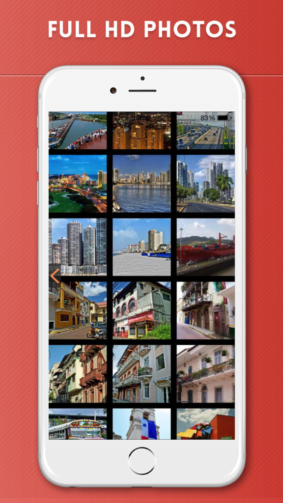 Panamá City Travel Guide with Offline Street Map - Smartphone screen displaying a grid of high definition photos of Panama City landmarks and attractions