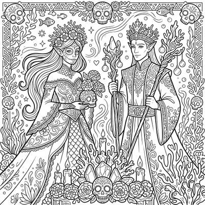Immerse yourself in a unique fusion of fantasy and tradition with this stunning Sea Elves Day of the Dead coloring page. Discover intricate patterns, mystical underwater elements, and elegant figures ready for your creative touch.