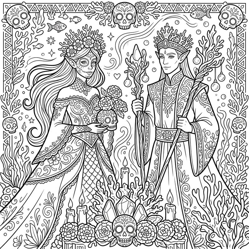 Immerse yourself in a unique fusion of fantasy and tradition with this stunning Sea Elves Day of the Dead coloring page. Discover intricate patterns, mystical underwater elements, and elegant figures ready for your creative touch.