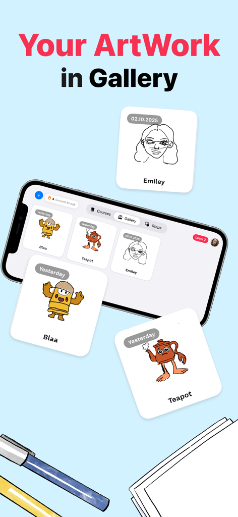 ArtLoop: Learn How to Draw - ArtLoop mobile app gallery displaying various digital drawings and character sketches