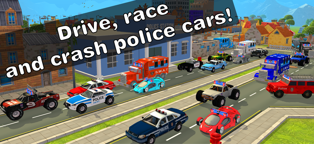 Police Car Race Chase Sim 911 - Una colección de coches de policía de juguete de colores y vehículos de emergencia en una calle de la ciudad en un juego de carreras para niños.