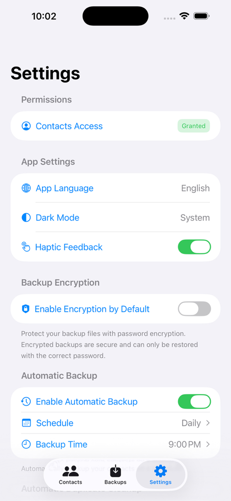 Einstellungsbildschirm der Contact Backup-App, der automatische Sicherungspläne und Verschlüsselungsoptionen anzeigt.